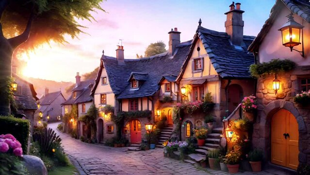 Old houses in beautiful village at sunset illustration