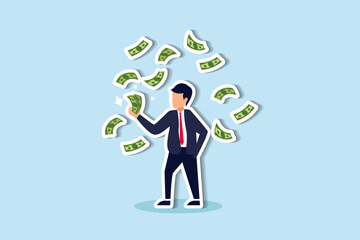Increase wealth Earn from investments, savings, salary get richer concept, happy businessman millionaire holding easy money banknotes as financial success.