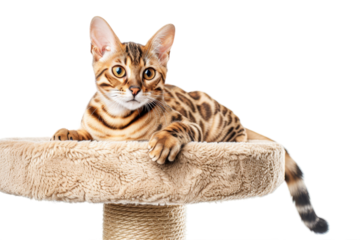 Bengal cat sitting relaxed in a cat tree, isolated on transparent background.