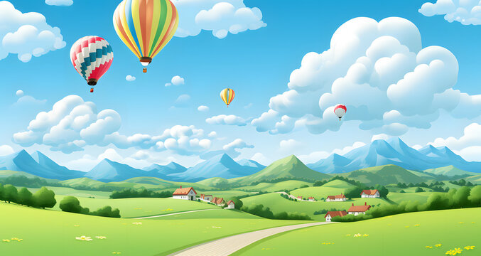 an image of a landscape with hot air balloons