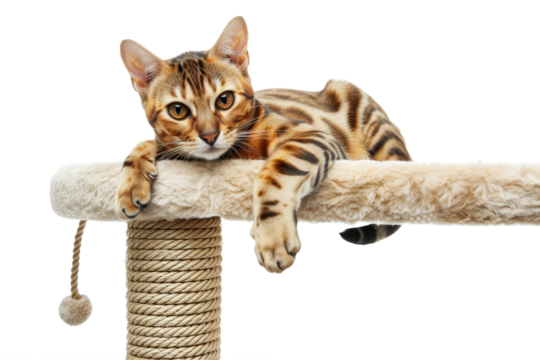 Bengal cat with paws dangling over the side of a cat tower, isolated on transparent background.