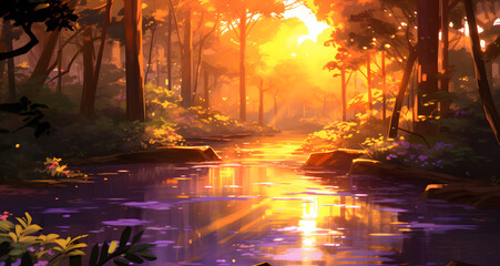 illustration painting of sun in the forest setting