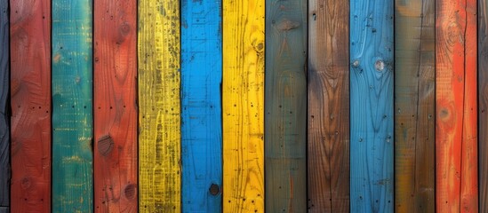 This photo captures the stunning display of a multicolored wooden fence, showcasing its vibrant colors and texture.