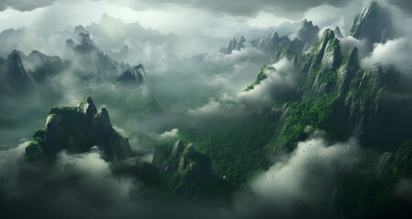 a picture of some mountains surrounded by clouds