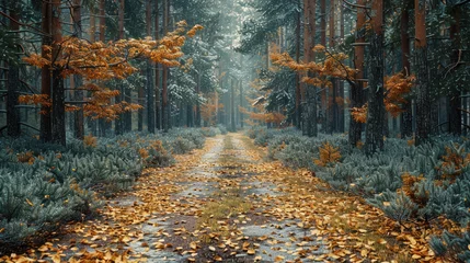 Crédence de cuisine en verre imprimé Route en forêt Pathway through a forest with pine leaves and branches over the path 