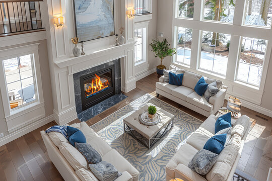 Beautiful living room interior with hardwood floors and fireplace in new luxury home. Creative Banner. Copyspace image