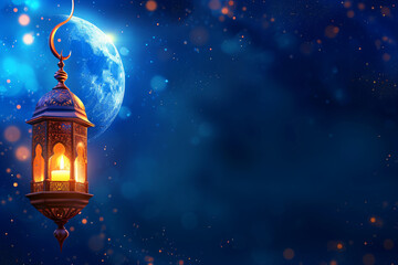 Ornamental Arabic lantern with burning candle and moon on dark blue background. Islamic holiday banner. Ramadan Kareem, Raya Hari. Eid Mubarak. Festive greeting card, baner, invitation with copy space