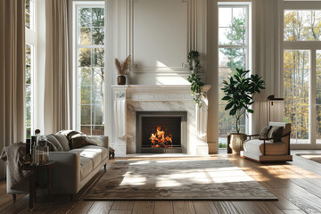 Beautiful living room interior with hardwood floors and fireplace in new luxury home. Creative Banner. Copyspace image