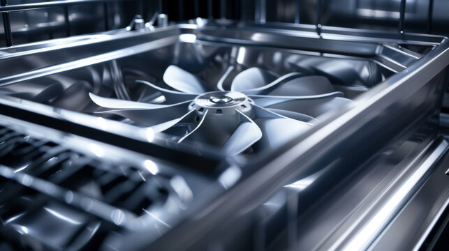 An upclose image of the dishwashers drying fan with its powerful blades drying dishes quickly and efficiently.
