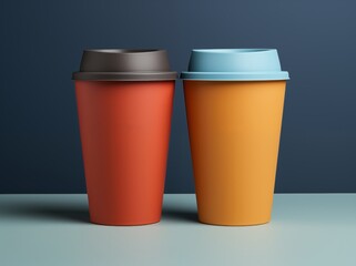 mockup of two paper coffee cups with striped lids