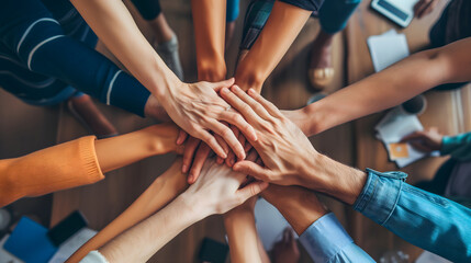 Employees join hands in a circle, hands piled symbolizing unity, collaboration, and the power of corporate teamwork
