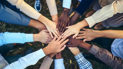 A team of young colleagues forms a circle, holding hands in a powerful display of corporate unity and support