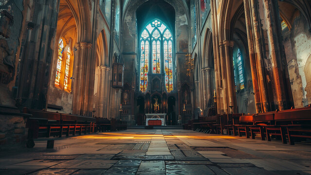 Historic Harmony: Old Cathedral Interior Illuminated by Stained Glass