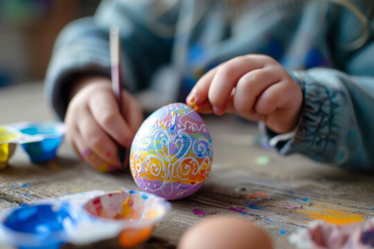 Close up of a child decorating an easter egg with colorful paint