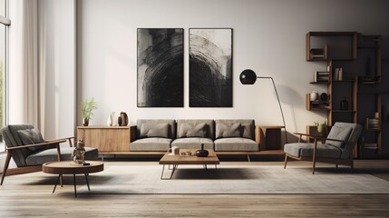 Interior design of modern elegant living room inspired with scandinavian style 