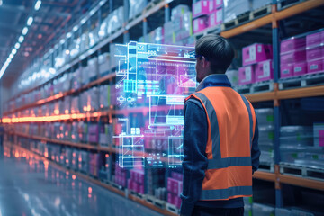 Obraz premium Futuristic Technology Retail Warehouse: Worker Doing Inventory Walks when Digitalization Process Analyzes Goods, Cardboard Boxes, Products with Delivery Infographics in Logistics, Distribution Center