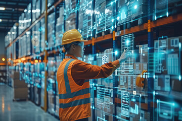 Futuristic Technology Retail Warehouse: Worker Doing Inventory Walks when Digitalization Process Analyzes Goods, Cardboard Boxes, Products with Delivery Infographics in Logistics, Distribution Center