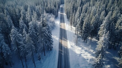 A drone's bird's eye view captures an empty forest road and snow-covered trees amidst the beauty of winter.