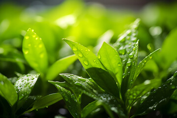 Close-up of Fresh Green Tea Leaves Showcasing their Natural Vibrancy and Texture