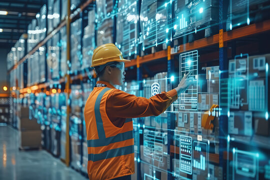 Futuristic Technology Retail Warehouse: Worker Doing Inventory Walks when Digitalization Process Analyzes Goods, Cardboard Boxes, Products with Delivery Infographics in Logistics, Distribution Center