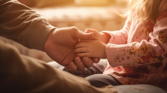 Family and care, close-up of compassionate foster parents holding hands of little girl Provide psychological assistance Generations of families who sincerely share secrets or make peace.