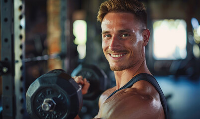 Obraz premium A handsome man with a smile posing holding a dumbbell
