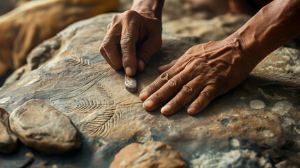 Obraz na płótnie Canvas Engraving Prehistoric Symbols - Rock art - caveman - Evolution - Theory of evolution - Primitive man