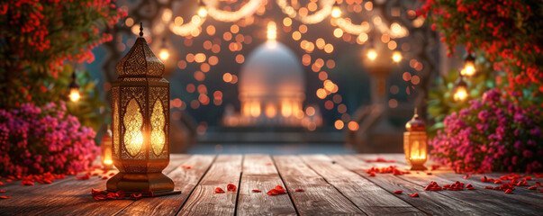 Night serene mosque background with glowing Arabic lantern. Islamic holiday banner. Ramadan Kareem, Raya Hari. Eid Mubarak. Festive greeting card, baner, invitation with copy space - obrazy, fototapety, plakaty