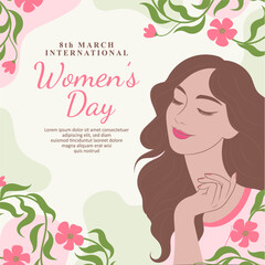 International women's day social media post template, with long hair and cute color illustration 