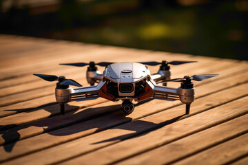 A compact foldable drone sitting on a wooden table, promising both portability and advanced aerial capabilities. - obrazy, fototapety, plakaty