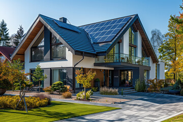 New suburban house with a photovoltaic system on the roof. Modern eco friendly passive house with solar panels on the gable roof, driveway and landscaped yard