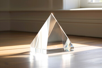 A crystal-clear glass prism reflecting ambient light, positioned on a polished marble surface with stunning clarity