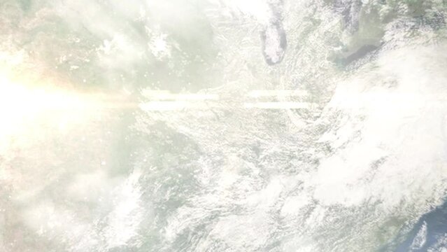 Earth zoom in from space and focus on Ferguson, Missouri, USA. 3D Animation. Satellite view. Background for travel intro. Images from NASA