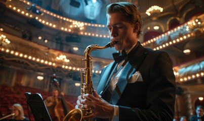 A young man is playing saxophone with an orchestra on a stage of a beautiful theater