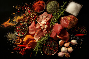 Assortment of raw meat with ingredients for cooking on a black background