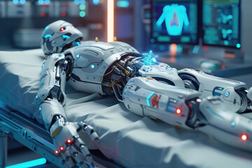 Surgery Patient Laying On Surgical Table. Robot Arms Performing High-Precision Nanosurgery In Hospital. Automated Robotic Limbs Operating, VFX Holographic Displays Showing Heartbeat, Blood Pressure.