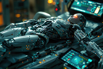 Surgery Patient Laying On Surgical Table. Robot Arms Performing High-Precision Nanosurgery In Hospital. Automated Robotic Limbs Operating, VFX Holographic Displays Showing Heartbeat, Blood Pressure.