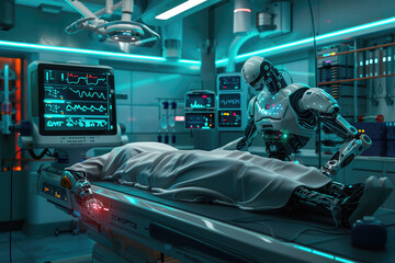 Surgery Patient Laying On Surgical Table. Robot Arms Performing High-Precision Nanosurgery In Hospital. Automated Robotic Limbs Operating, VFX Holographic Displays Showing Heartbeat, Blood Pressure.