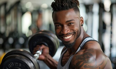 Obraz premium A handsome man with a smile posing holding a dumbbell