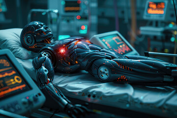 Surgery Patient Laying On Surgical Table. Robot Arms Performing High-Precision Nanosurgery In Hospital. Automated Robotic Limbs Operating, VFX Holographic Displays Showing Heartbeat, Blood Pressure.
