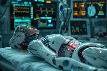 Surgery Patient Laying On Surgical Table. Robot Arms Performing High-Precision Nanosurgery In Hospital. Automated Robotic Limbs Operating, VFX Holographic Displays Showing Heartbeat, Blood Pressure.