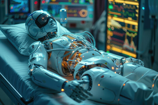 Surgery Patient Laying On Surgical Table. Robot Arms Performing High-Precision Nanosurgery In Hospital. Automated Robotic Limbs Operating, VFX Holographic Displays Showing Heartbeat, Blood Pressure.