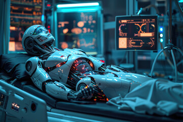 Surgery Patient Laying On Surgical Table. Robot Arms Performing High-Precision Nanosurgery In Hospital. Automated Robotic Limbs Operating, VFX Holographic Displays Showing Heartbeat, Blood Pressure.