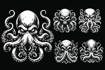 Set Dark Art Octopus Beast tentacles squid skull horror Tattoo Grunge Vintage Style illustration