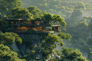 The house overlooks a ravine filled and junglelike foliage. Generative AI.
