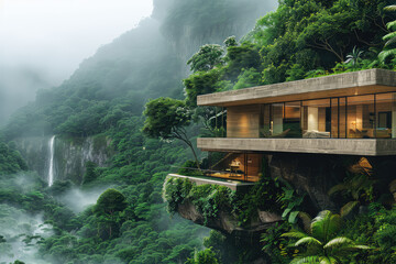 The house overlooks a ravine filled and junglelike foliage. Generative AI.