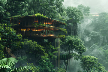 The house overlooks a ravine filled and junglelike foliage. Generative AI.