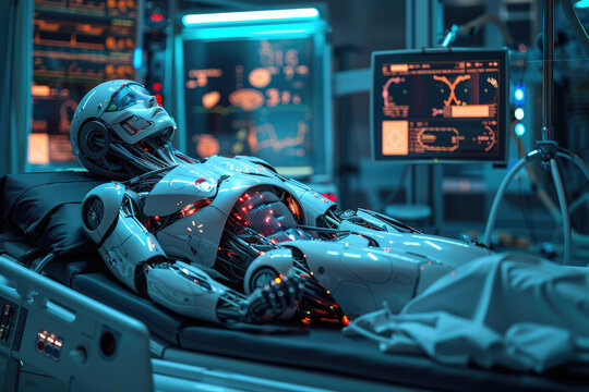 Surgery Patient Laying On Surgical Table. Robot Arms Performing High-Precision Nanosurgery In Hospital. Automated Robotic Limbs Operating, VFX Holographic Displays Showing Heartbeat, Blood Pressure.