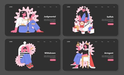 Web banner series displaying Negative Personality Traits. Flat vector illustration