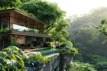 The house overlooks a ravine filled and junglelike foliage. Generative AI.
